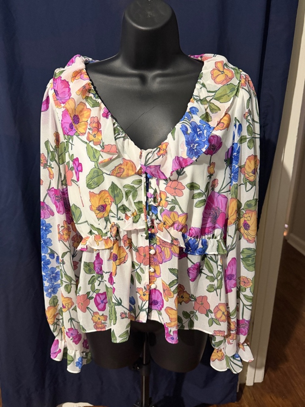SO White Floral Ruffle Peplum Blouse with Multi-Color Flowers